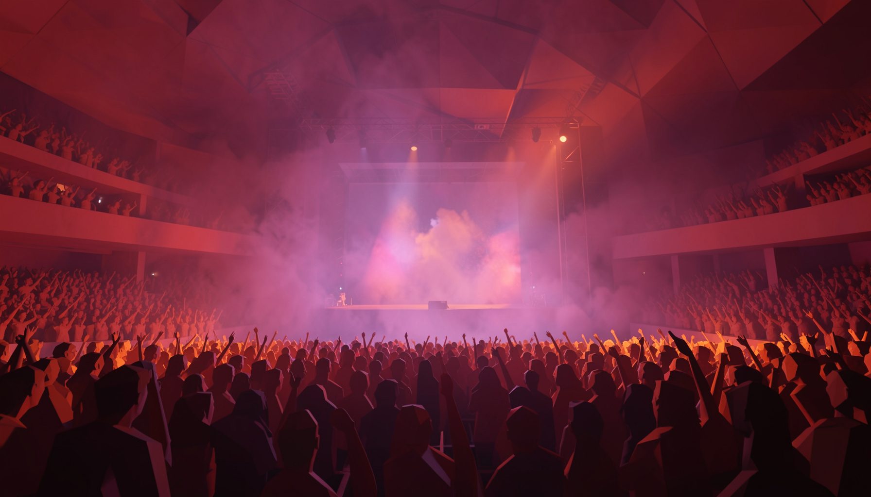 Interno di un'arena da concerto immersa in una luce rossa e viola, con fumo denso che avvolge il palco e la folla in ombra.