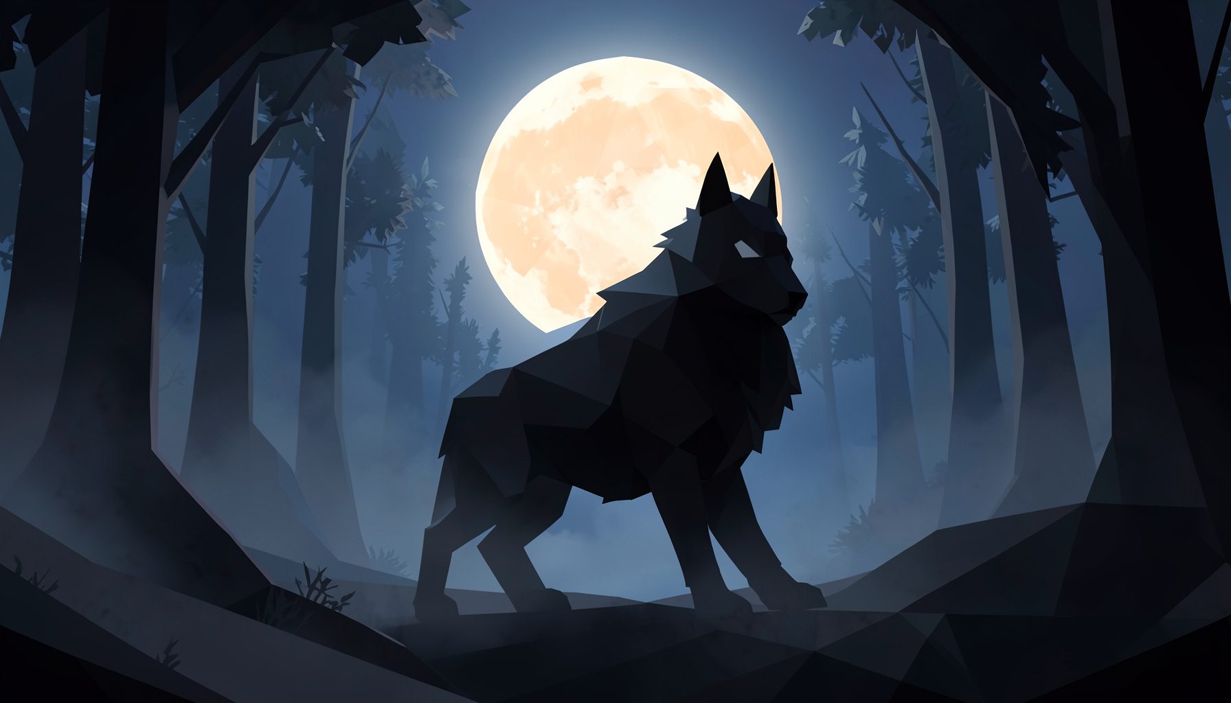 Lupo mannaro in controluce sotto la luna piena, sagoma scura e minacciosa su uno sfondo di foresta notturna avvolta nella nebbia, toni blu profondi e grigio argento