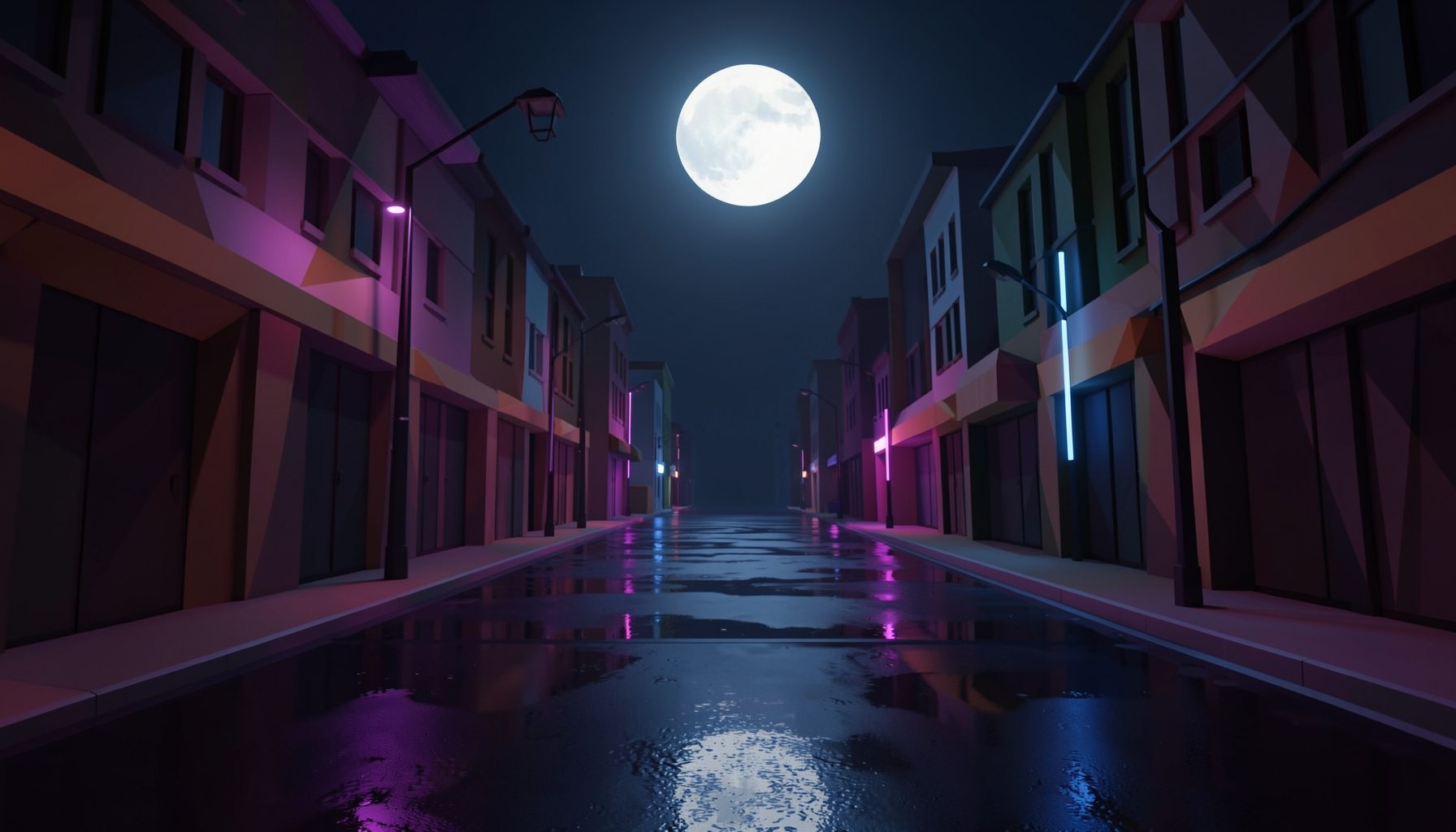 Strada urbana deserta di notte sotto la luna piena, asfalto bagnato che riflette luci al neon viola e blu, atmosfera tesa e silenziosa