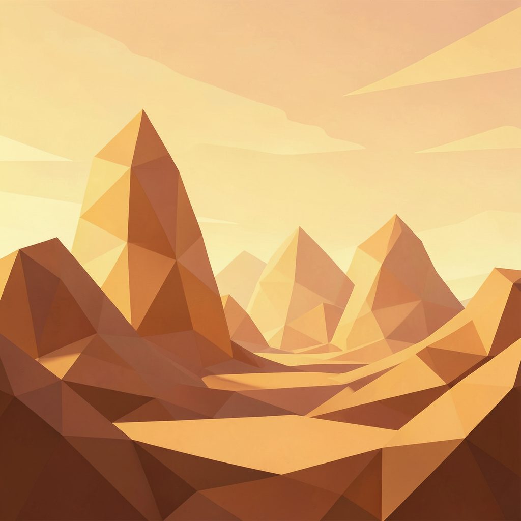 Un'illustrazione epica con tonalità oro e ambra, silhouette imponenti su uno sfondo desertico.