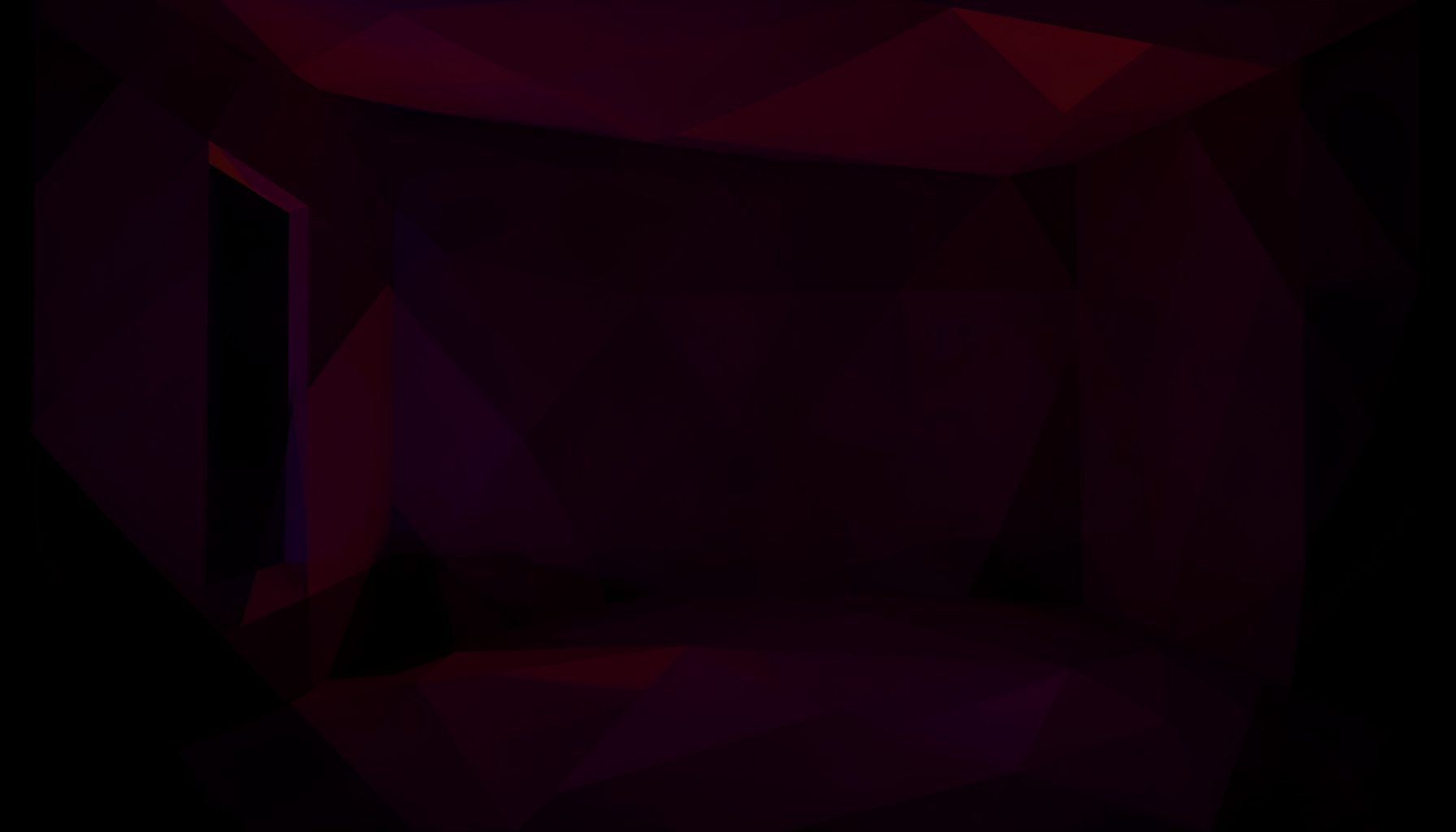 Un interno notturno avvolto nell'oscurità, illuminato da bagliori magenta e viola che si riflettono su superfici scure, creando un'atmosfera intima e cinematografica.