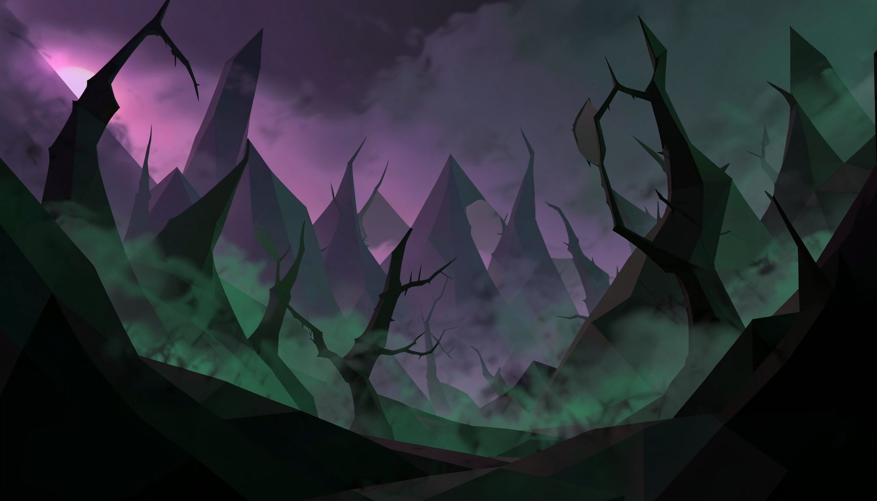 Un paesaggio gotico e surreale con tonalità viola scuro, verde acido e nero, striature di nebbia e silhouette contorte che evocano l'atmosfera grottesca e fantastica del film