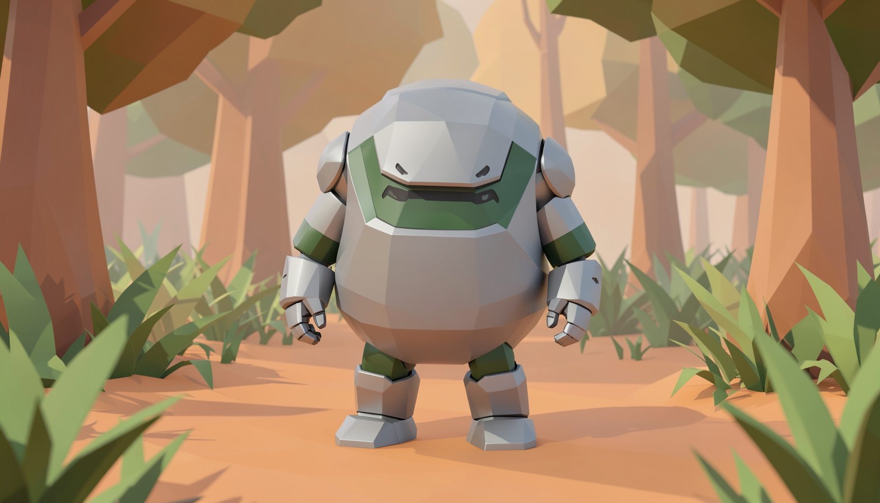 Un robot dalla forma arrotondata e amichevole, con finiture metalliche grigio-argento e accenti verde muschio, in piedi in una radura circondata da alberi e felci, luce soffusa.