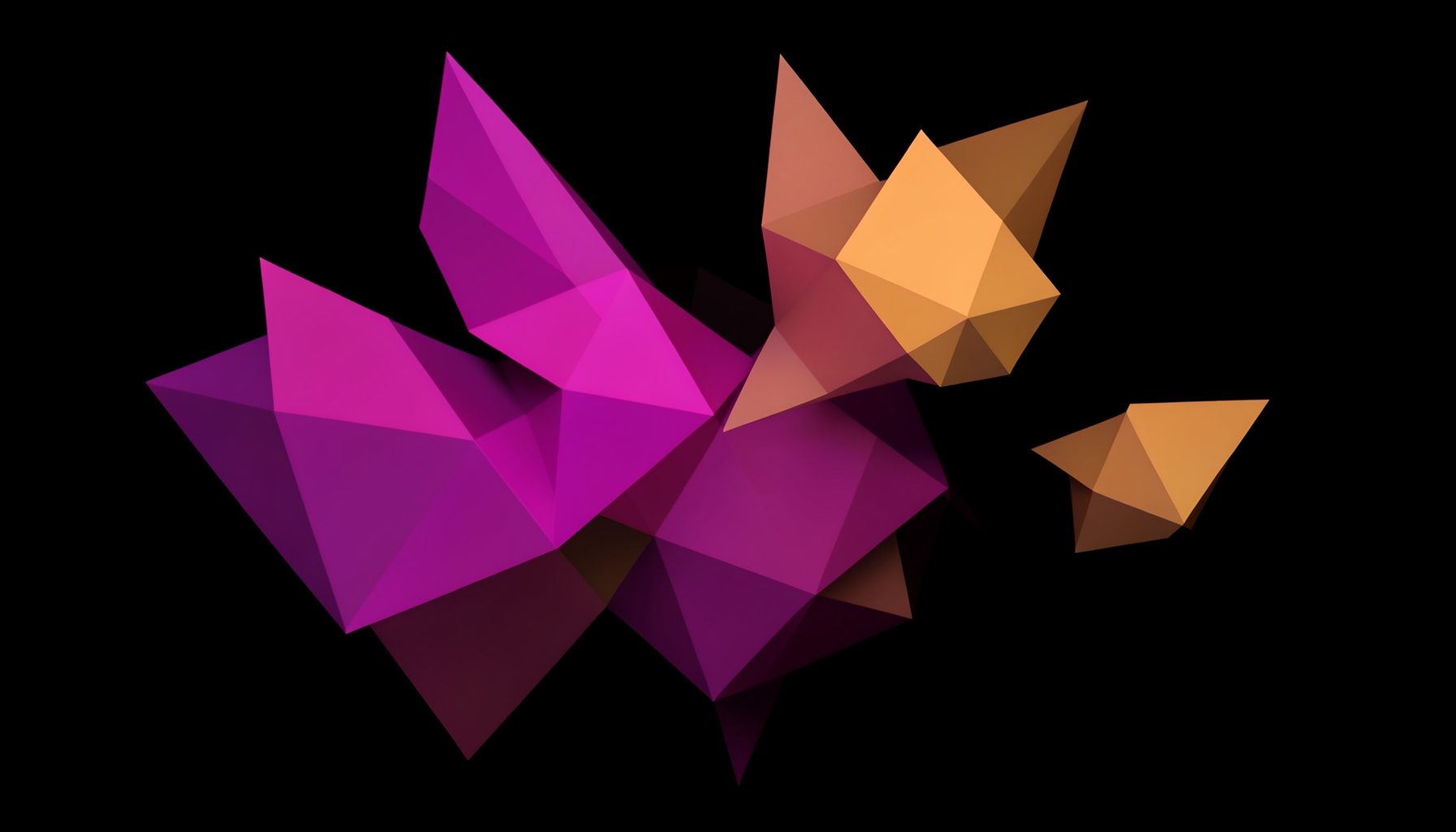 Una composizione astratta di forme geometriche sfaccettate in tonalità magenta, viola e ambra che fluttuano su uno sfondo nero profondo, evocando un'atmosfera notturna e cinematografica.