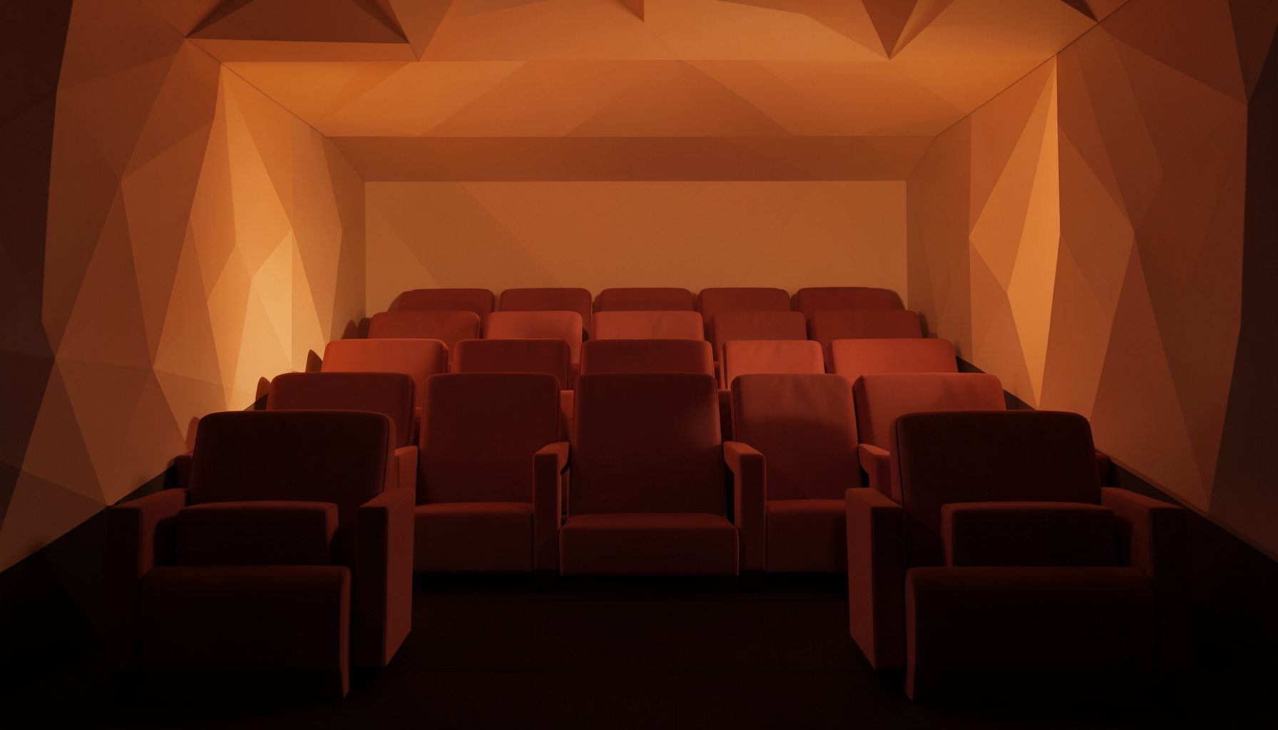 Una sala cinematografica vuota immersa nella penombra, con poltrone in velluto cremisi e una luce calda ambrata che filtra dalle pareti laterali.