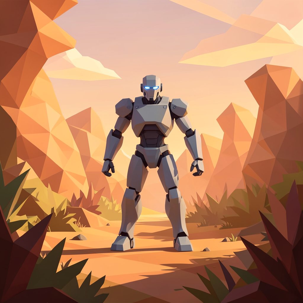 Una scena animata dai colori caldi e avvolgenti, con un robot solitario in un paesaggio naturale rigoglioso.
