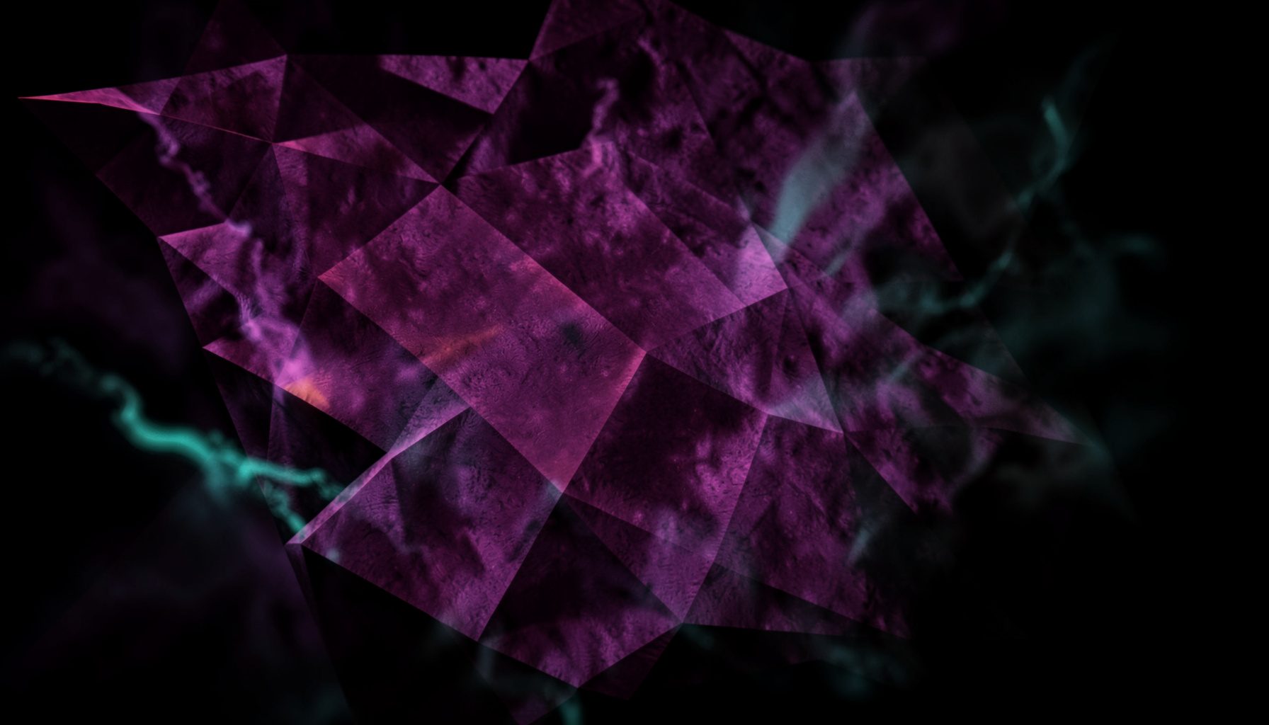 Una texture astratta di velluto viola scuro con riflessi magenta e lampi di luce teal che si diffondono come fumo sul fondo nero.