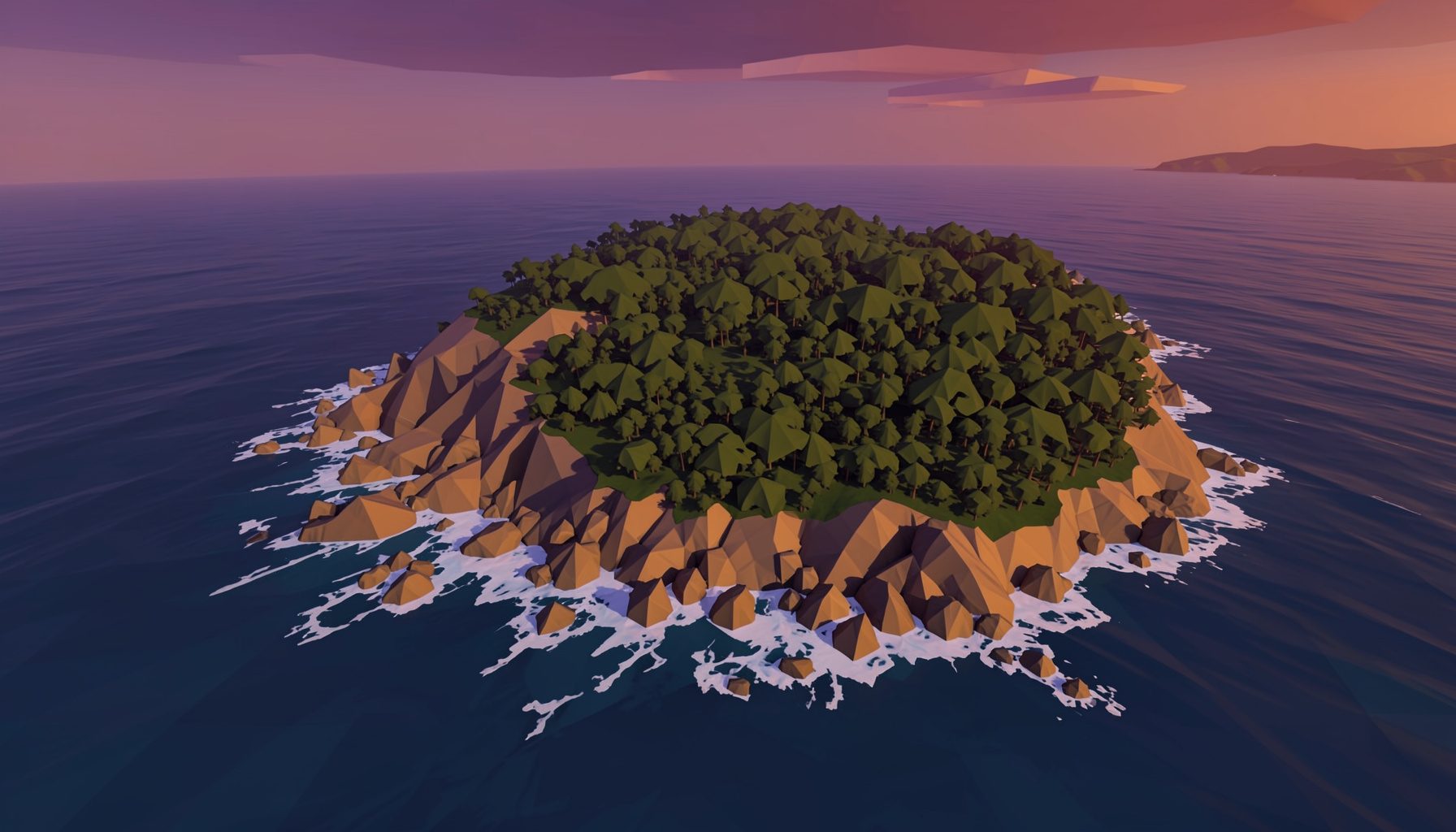 Veduta aerea di un'isola selvaggia con scogliere frastagliate, onde che si infrangono sulla costa rocciosa, e una fitta vegetazione verde scuro sotto un cielo crepuscolare violaceo e aranciato.